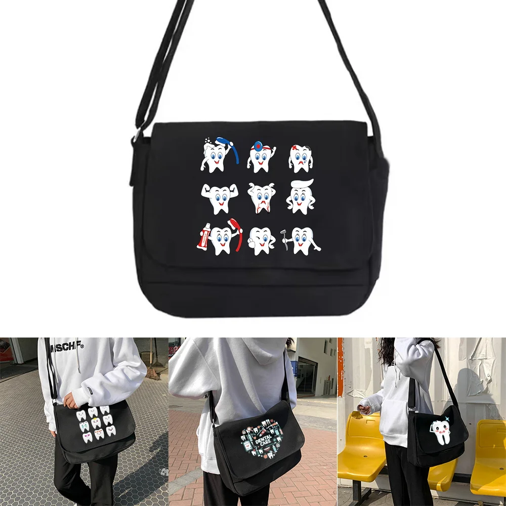 

Canvas Messenger Tote Youth Fashion Casual Black Storage Handbag Teeth Series Ladies Shoulder Bag Women Outdoor Crossbody Bags