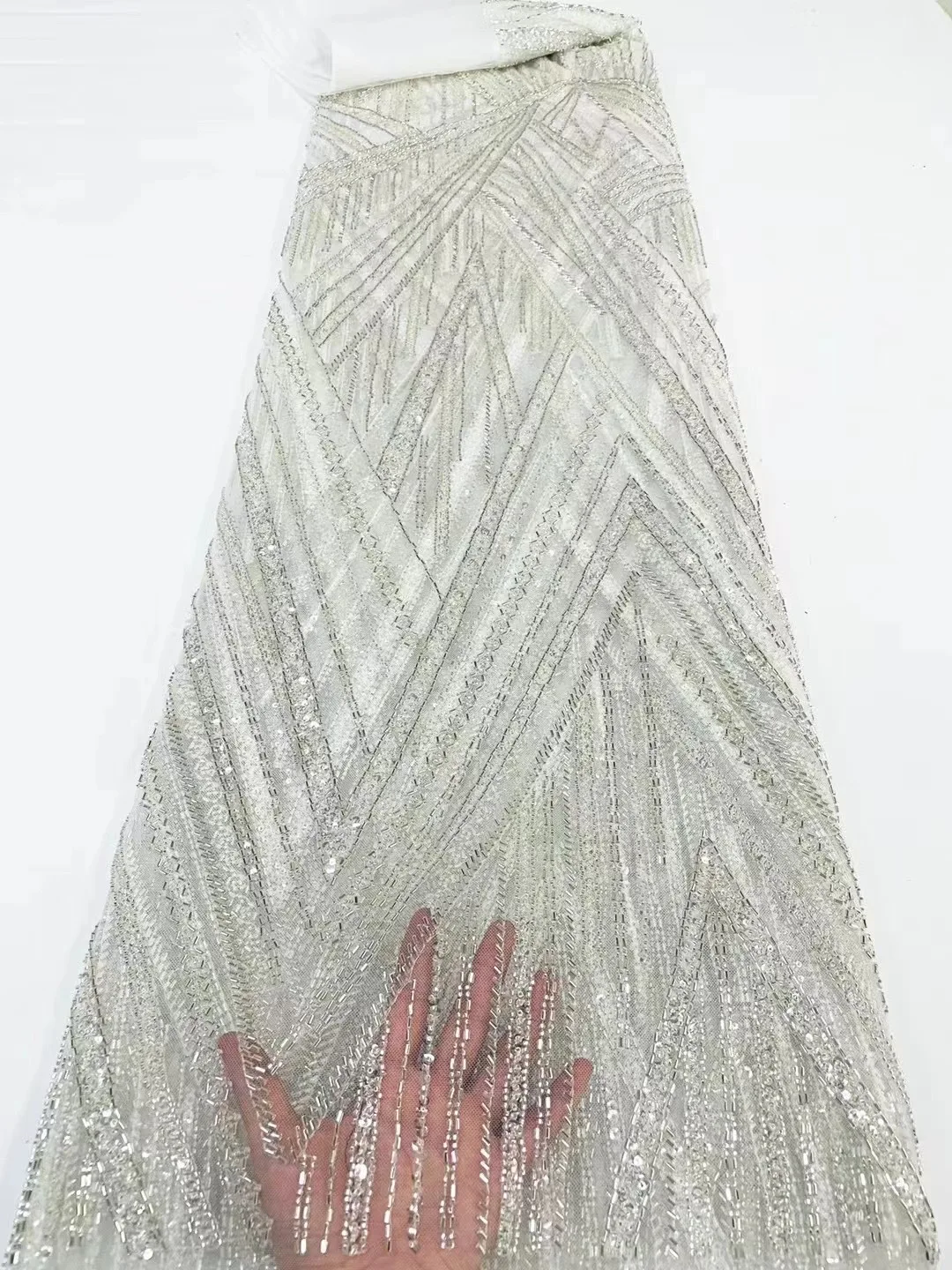 

New Arrival PX Fashion African embroidery Mesh With Sequin French Handmade Beaded Fabric Net Lace Evening Dress