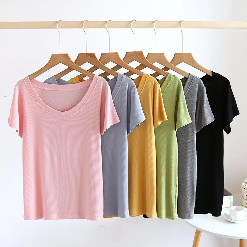 

Summer New Ladies Pajamas Tops Solid Color Modal V-neck Short Sleeve Simple T-shirt Casual Bottoming Home Service Plus Size