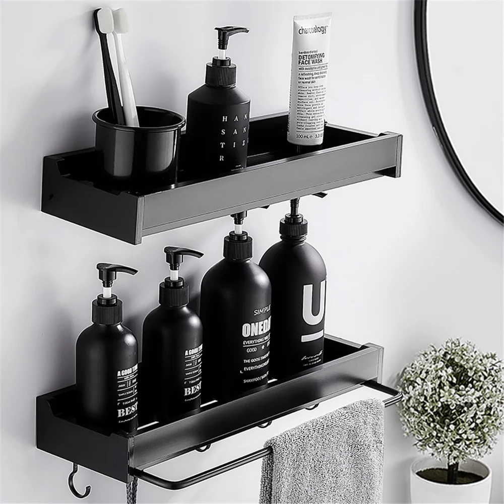 

Bathroom Black Shelf Holder with Towel Rod Hanging Shower Storage Rack Shampoo Tray Stand No-drill Floating Shelf Organizer