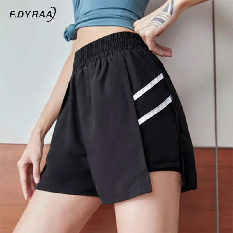 

F.DYRAA Women Gym Double Shorts Side Stripe Running Shorts Breathable Quick Dry Cycling Yoga Shorts Workout Fitness Sportwear