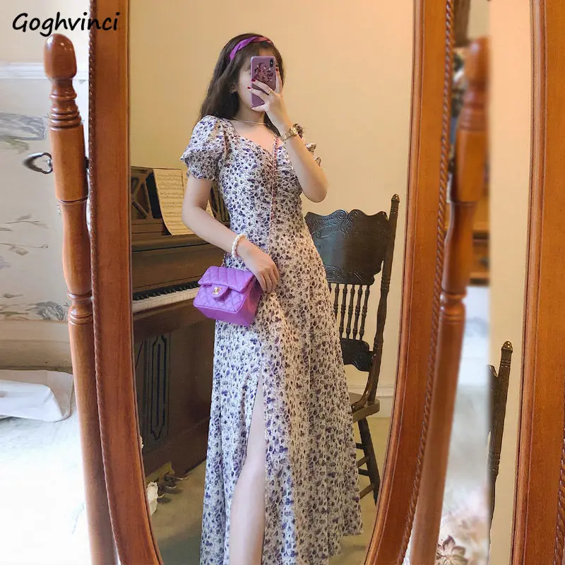 

Floral Vintage Dresses Women High Waist Tender Sweet Summer Harajuku Side Slit Design New Collection Lovely Ulzzang Trendy Mujer