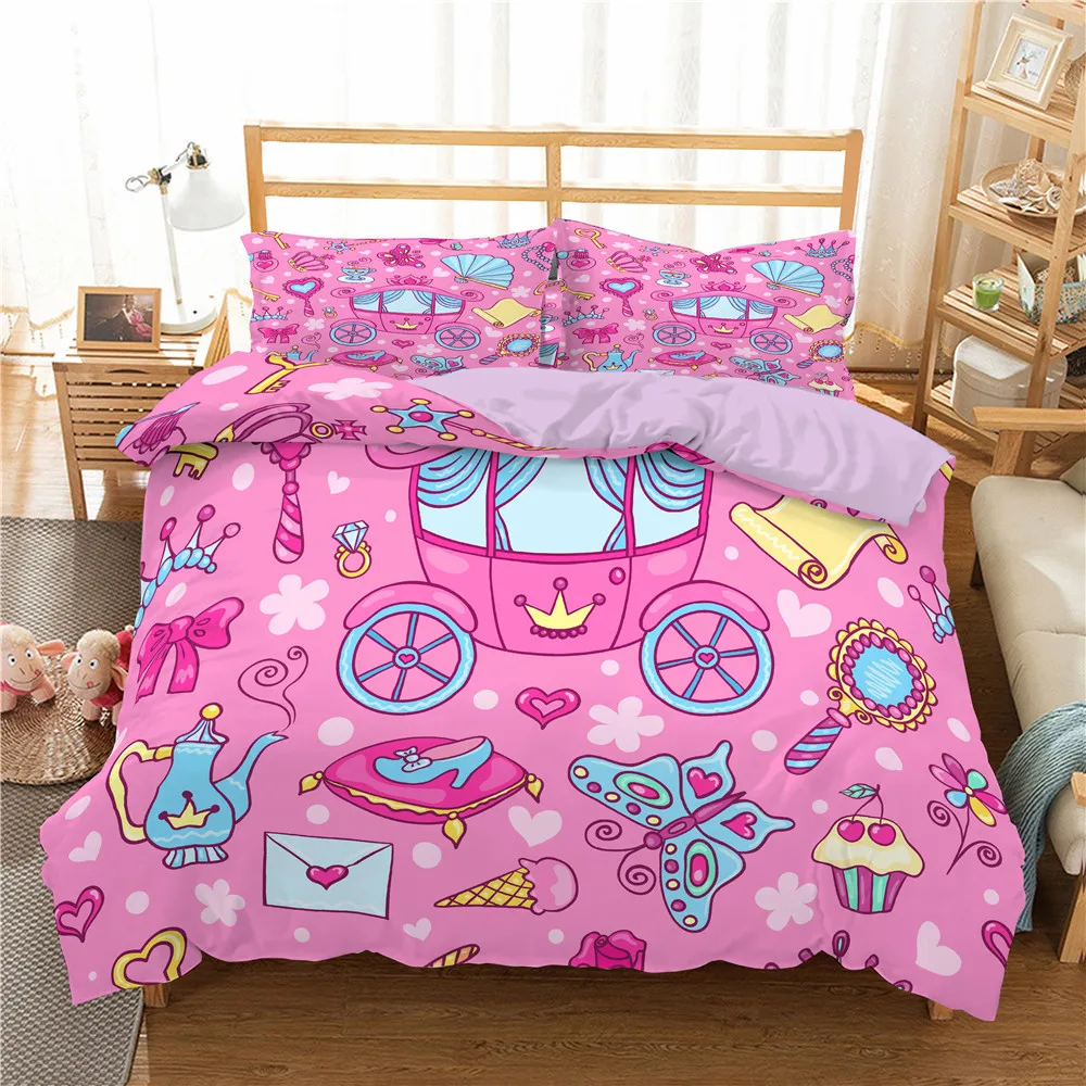 

Kids Cartoon Duvet Cover Set Full/Queen Microfiber 3D Bedding Set Soft Princess Comforter Cover with 2 Pillow Shams Pink Castle