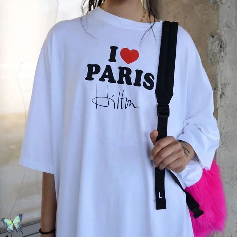 

VETEMENTS למעלה Tees אני אוהב פריז הילטון חתימה Vetements חולצה האלפבית