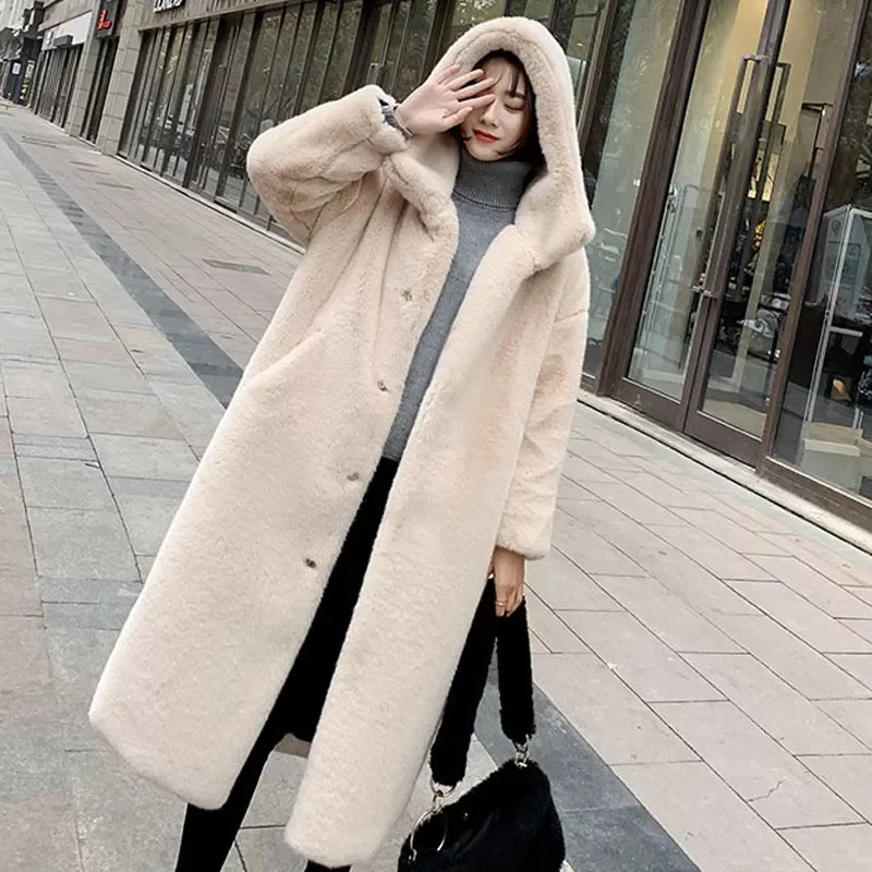 

Autumn Winter Faux Fur Coat Women Hooded Thickening Warm Long Faux Fur Coat Women's Overcoat Clothes Plus Size