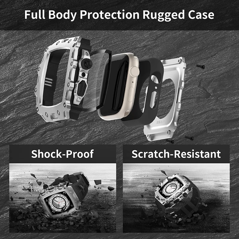 Modification Kit Zinc Alloy RM Mod Bezel Case Rubber Strap For Apple Watch Band 44mm 45mm iWatch 8 7 6 SE Modified DIY Watchband