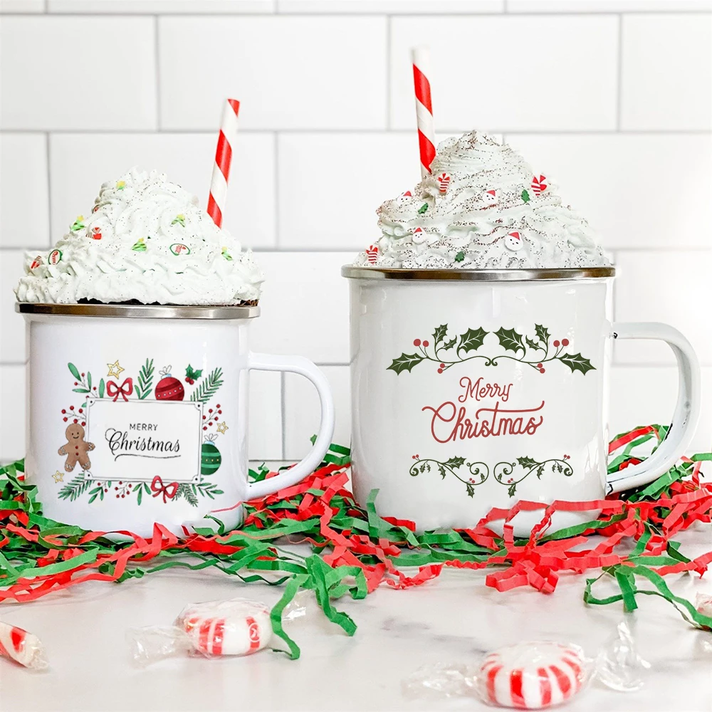 

Рождественские чашки, декор для кухвечерние, новогодние подарки, кружка с рисунком Холли-колокольчиков, эмалированные кофейные кружки, чаш...