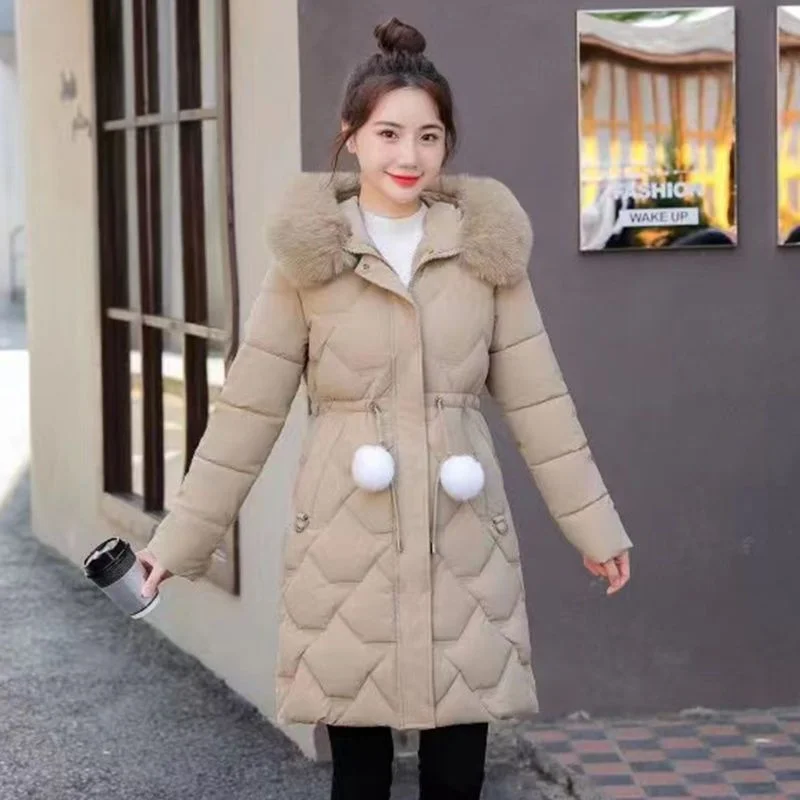 New winter Korean version Slim fit Fashion Medium long down cotton jacket Women's warm big fur collar waist closing cotton