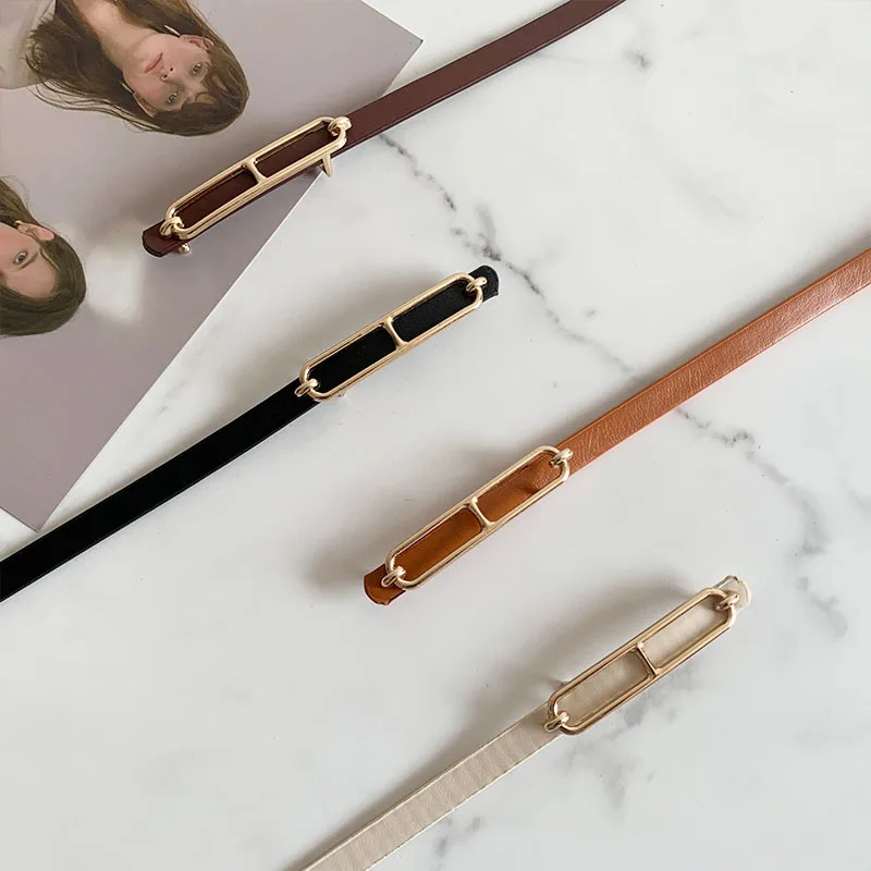 

PU Thin Belt Women's Fashion Casual Accessories Luxury Design Girdle Korean Golden Buckle Strap for Dress Trousers