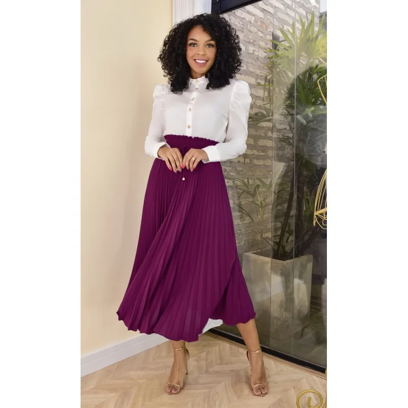 

Spring Summer Women Elegant Solid Pleated Skirt Fashion High Waist Elastic Mid-length Pleated Skirt Women