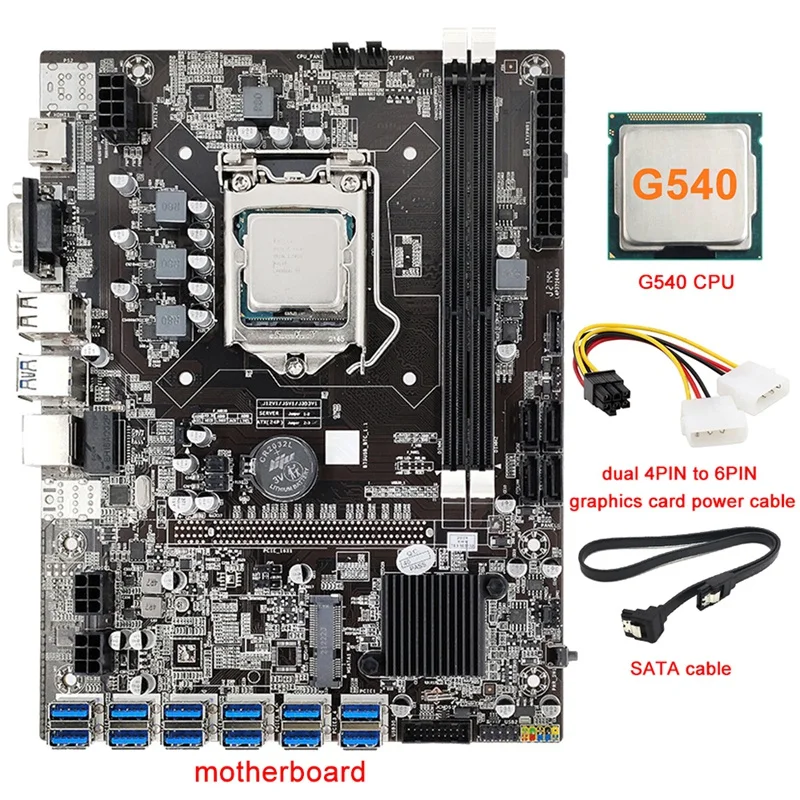 

NEW-B75 12 системная плата для майнинга + процессор G540 + кабель питания 4PIN до 6PIN + кабель SATA 12USB3.0(PCIE) слот LGA1155 DDR3 ОЗУ SATA3.0