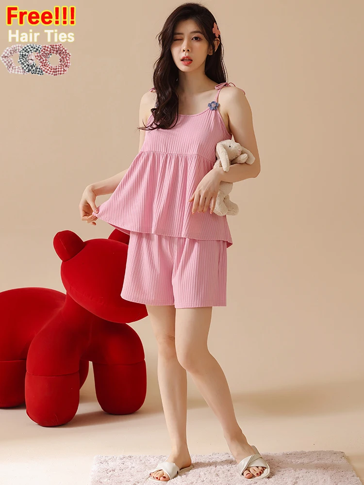 

ATUENDO Summer Fashion Solid Pink Pajamas Sets for Women 100% Cotton PJS Satin Soft Sleepwear Leisure Sexy Atoff Home Nightwear