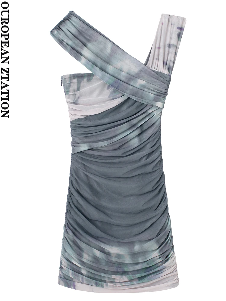 

PAILETE Women 2023 fashion printed tulle draped mini dress sexy backless asymmetric neck female dresses vestidos mujer