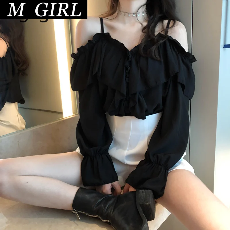 M GIRLS Sexy Shirts Women Off Shoulder Korean Tops V-Neck Flare Sleeve Ruffles Solid Loose Design Clubwear Blouse Casual Blusas