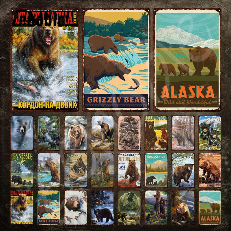 

Bear Metal Sign Vintage Tin Sign Grizzly Bear Metal Poster Animal Iron Painting Metal Plate for Man Cave Home Wall Decoration