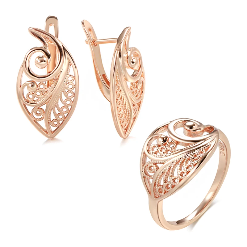

Wbmqda Fashion Hollow Flower Drop Earrings Ring For Women585 Rose Gold High Quality Everyday Fine Vintage Jewelry Set 2023 New