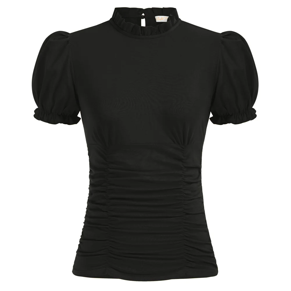 

Belle Poque Women's Mock Neck Puffed Short Sleeve Ruched Tops Blouse Vintage 1950S Cotton Shirts Slim fit Tops Summer Clothes A3