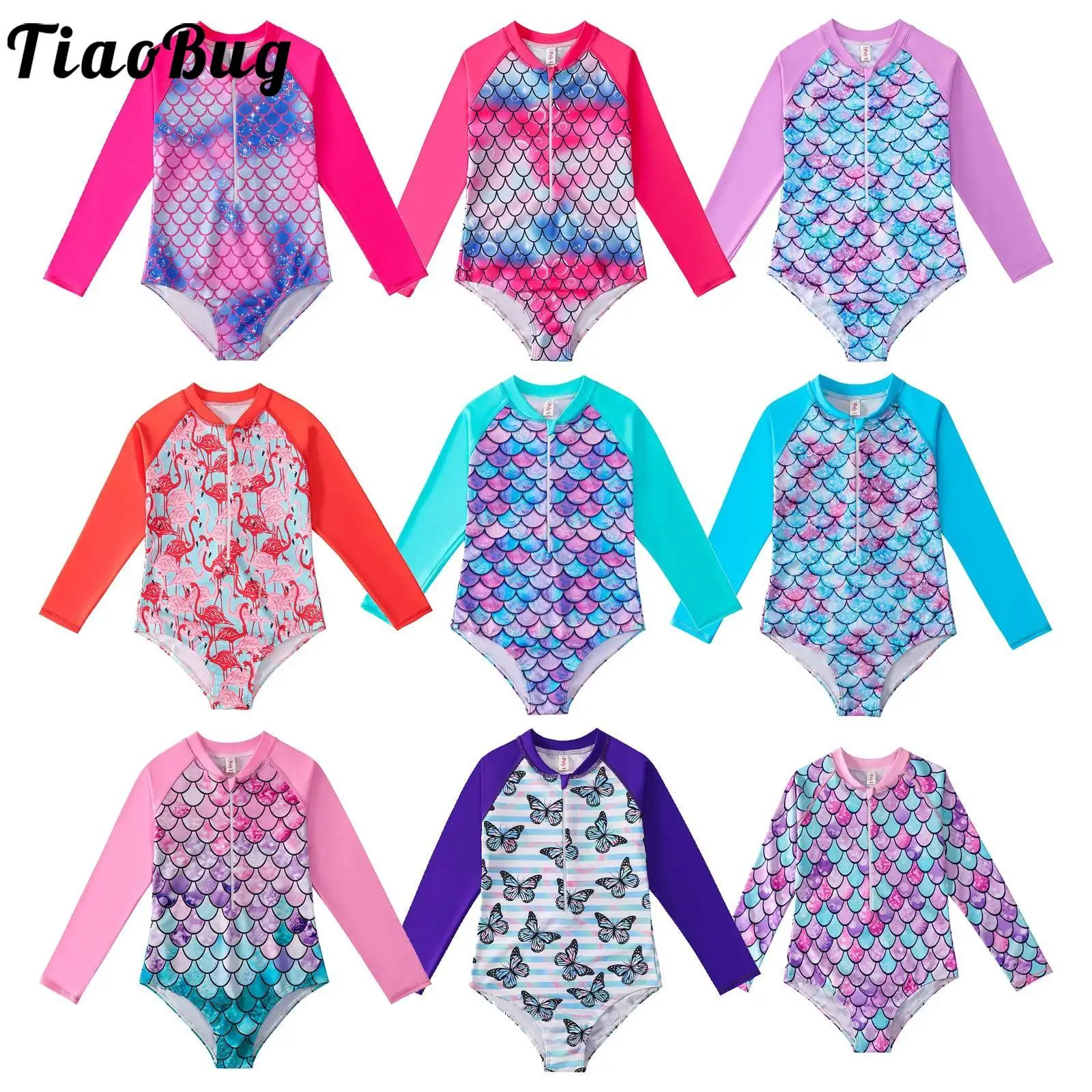 

Tiaobug Kids Girls Long Sleeves Fish Scales with Front Zipper Swimwears Cartoon Butterfly Flamingo Print Swimming Bathing Suits