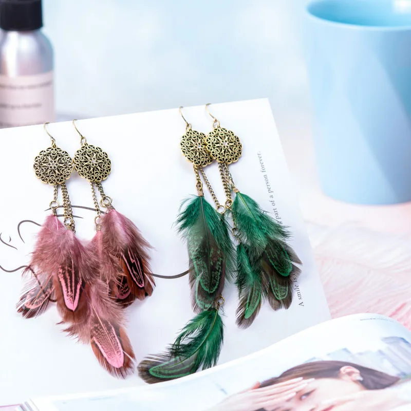 

New Earring Vintage Metal Drop Earrings Fashion Elegant Jewelry For Woman Handmade Tassel Chicken Feather Earrings Accessories