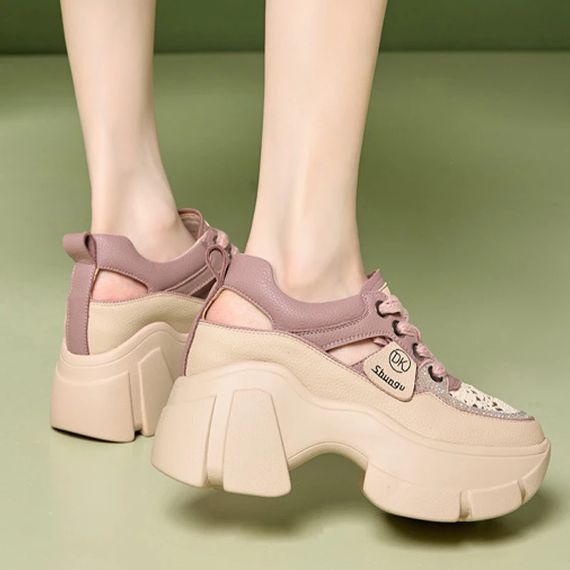 8.5cm Genuine Leather Slides Summer Ankle Chunky Sneakers Vulcanize Hollow Women Platform Sandals Wedge Breathable Female Shoes