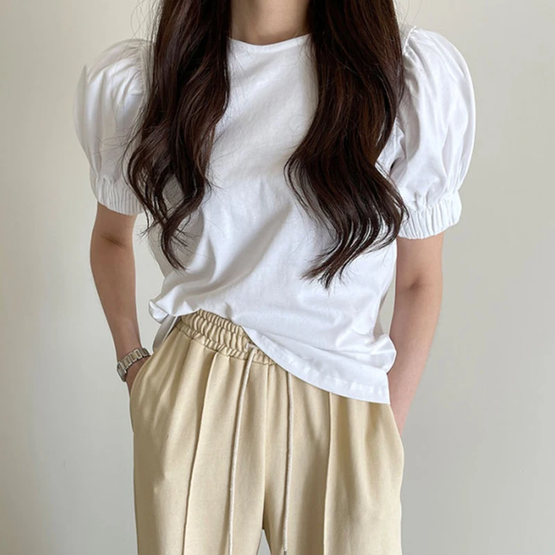 

Women Summer 2021 Solid O Neck Pullover T Shirt New All Match Puff Short Sleeve Tees Harajuku Loose Causal Ladies Top Femme