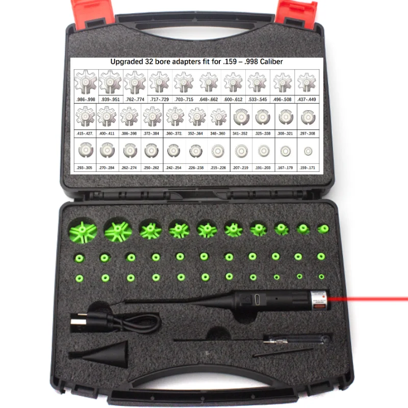 Перезаряжаемый Лазерный коллиматор с USB-зарядкой и 32 адаптерами. 17 .177 .22 до 12GA