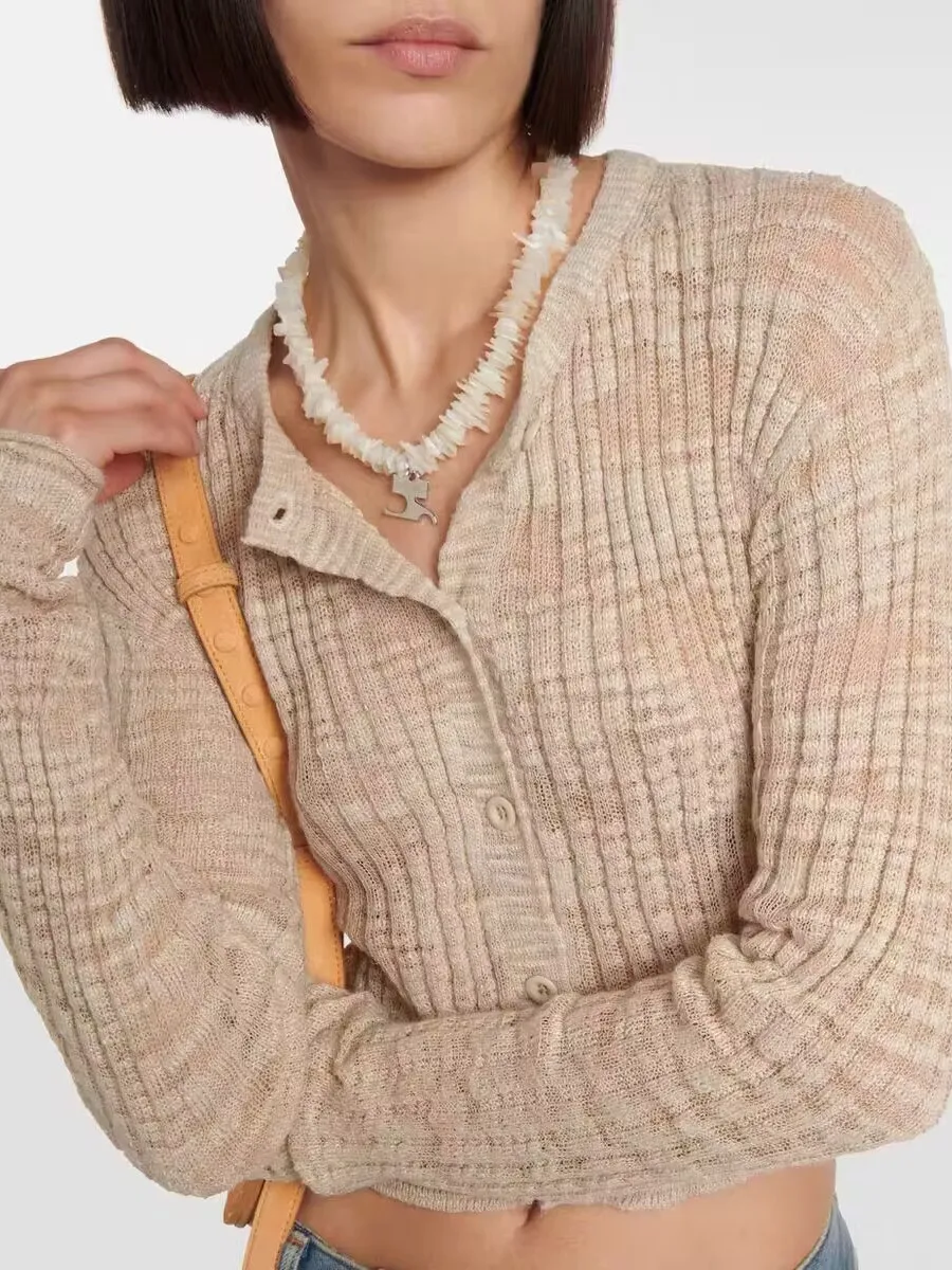 

Женский вязаный кардиган с длинным рукавом, однобортный универсальный короткий свитер из 2023 хлопка с круглым вырезом для ранней осени, 100%