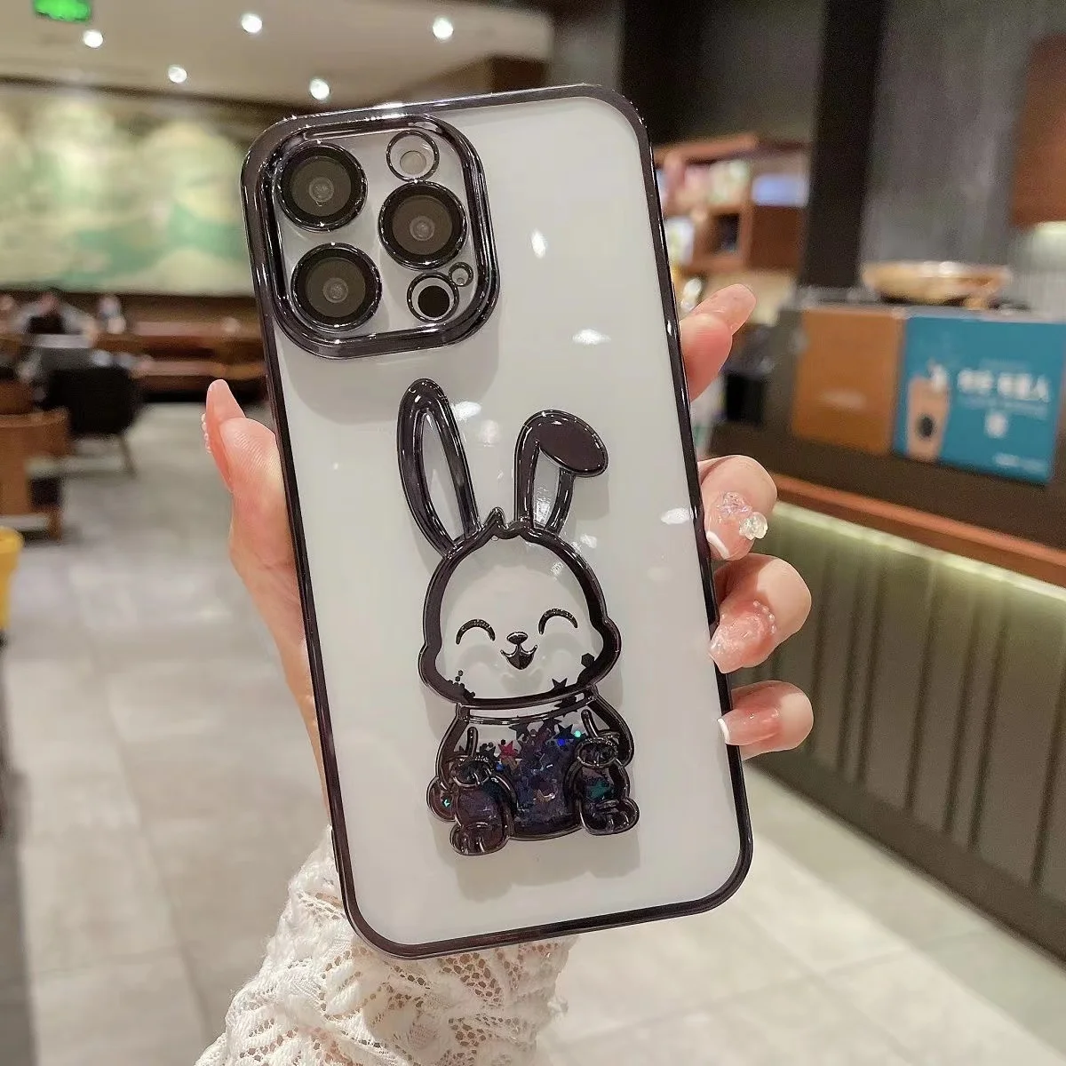 3D Cartoon Rabbit Liquid Quicksand Phone Case For 14 Pro Max 13 12 11 Transparent Plating Camera Film Soft Cover Wholesale