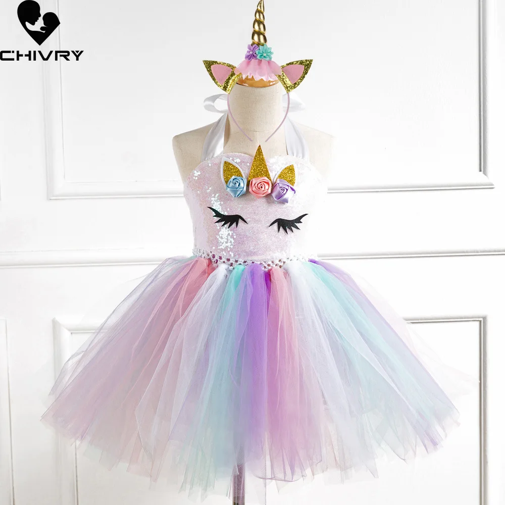 

Girls Dresses Kids Girl Rainbow Sequin Gauze Cartoon Unicorn Cosplay Puffy Performance Children Princess Dress with Headwear