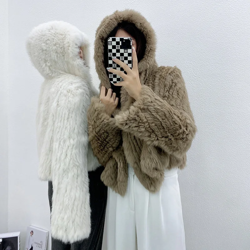 Winter Knitted Rabbit Fur Coats Women Real Fur Jackets Hood Full Sleeve Top Quality Lady Natural Coats S4638 enlarge