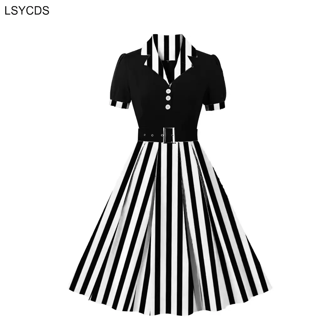 LSYCDS женское летнее винтажное платье с высокой талией и поясом короткими рукавами