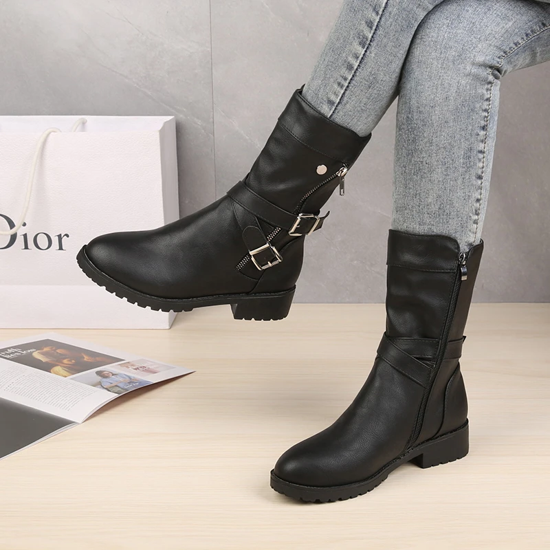 

2023 Fashion Women's Shoes Belt Buckle Women's Boots Side Zip Modern Boots Women Round Toe Mid-Calf Square Heel Shoes Women