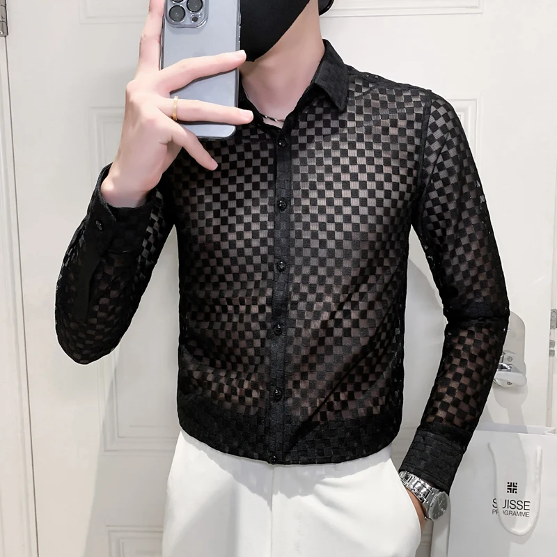 

Korean Version of The Male Lace Shirt Slim Hollow Top Checkered Slim Sexy Shirt Street Social Party Nightclub Singer Costume
