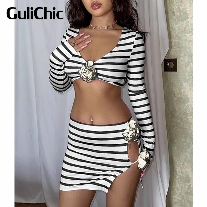

7.11 GuliChic Women Sexy V-Neck Long Sleeve Striped Knitted Crop Top T-Shirt Or Package Hip Split Short Skirt Set