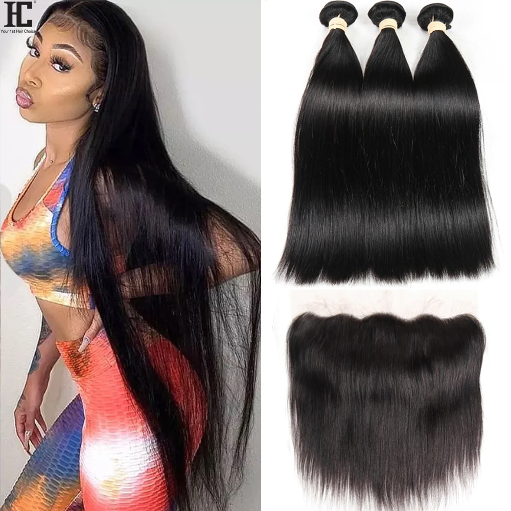 36 38 40 Inch Straight Bundles With Frontal Closure 13×4x1 Lace Frontal With 3 Bundles Brazilian Human Hair Weave With Frontal