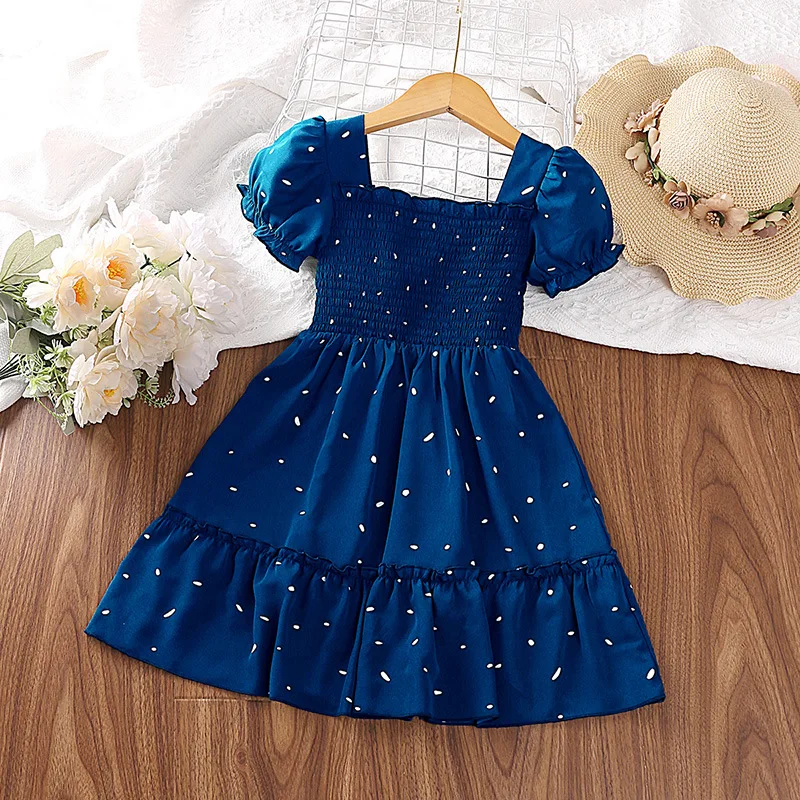 

2023 Summer New Arrival Girls Short Sleeve O Neck Ruched Dot Blue Green Roupa Infantil Menina Cute Party Dress Custume 18M-7T