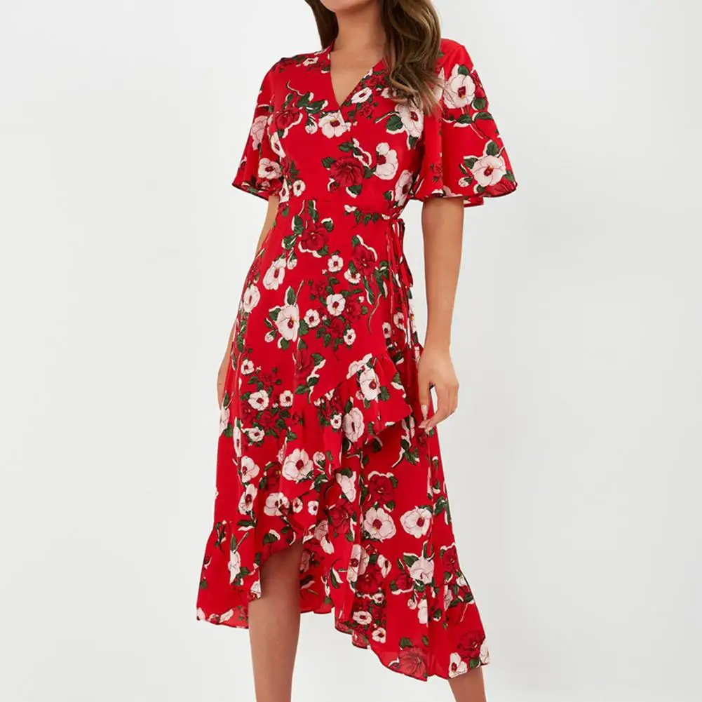 

Women Spring Autumn Fashion Dress Ladies Summer Short Sleeve Floral Printing V-Neck Pullover Girls Outdoor Activities Clothing