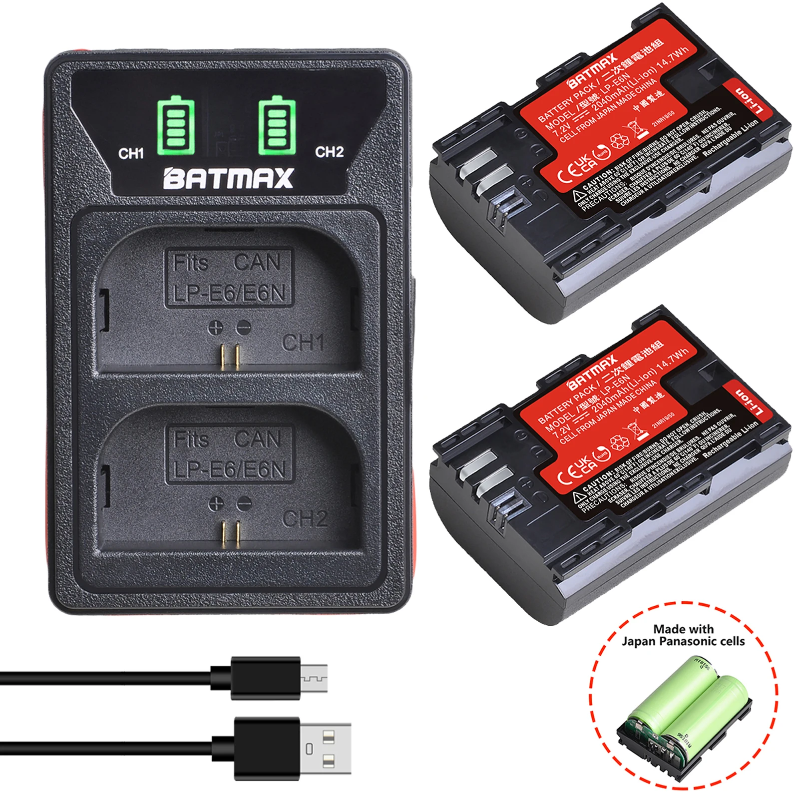 

2Pcs 2040mAh LPE6 LP-E6N Battery Made with Panasonic Cell + Dual LED Charger for Canon 5D Mark II III IV 70D 5Ds 6D 80D 60D