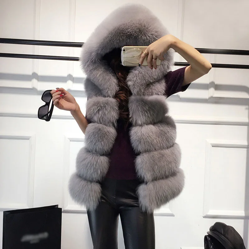 

Female Sleeveless Faux Fur Vest Winter Casual Outerwear Solid Fake Fox Fur Hooded Overcoats For Lady 2021 Fashion Fur Vest Femme