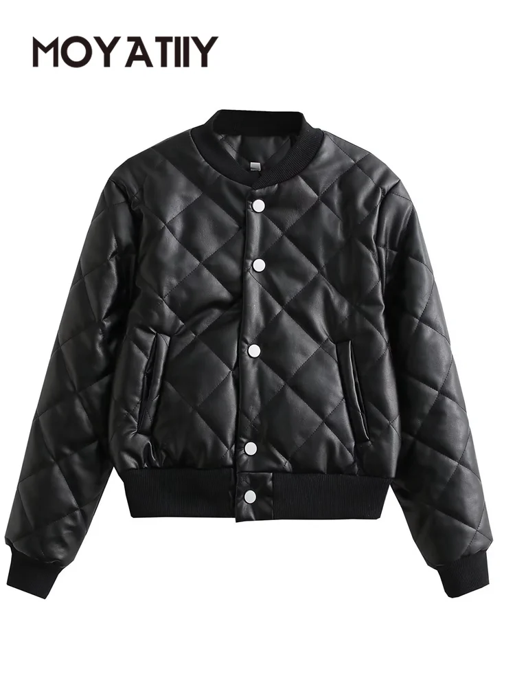 

MOYATIIY Women 2022 Fashion Winter Parkas Black Faux Leather Oversize Jacket Coats Long Sleeve Female Warm Overcoats