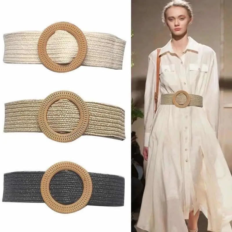 Vintage Bohemia Round Buckle Elastic Braided Belts Women Summer Wild Linen Weave Wide Belt PP Straw Waistband Wholesale Hot Sale