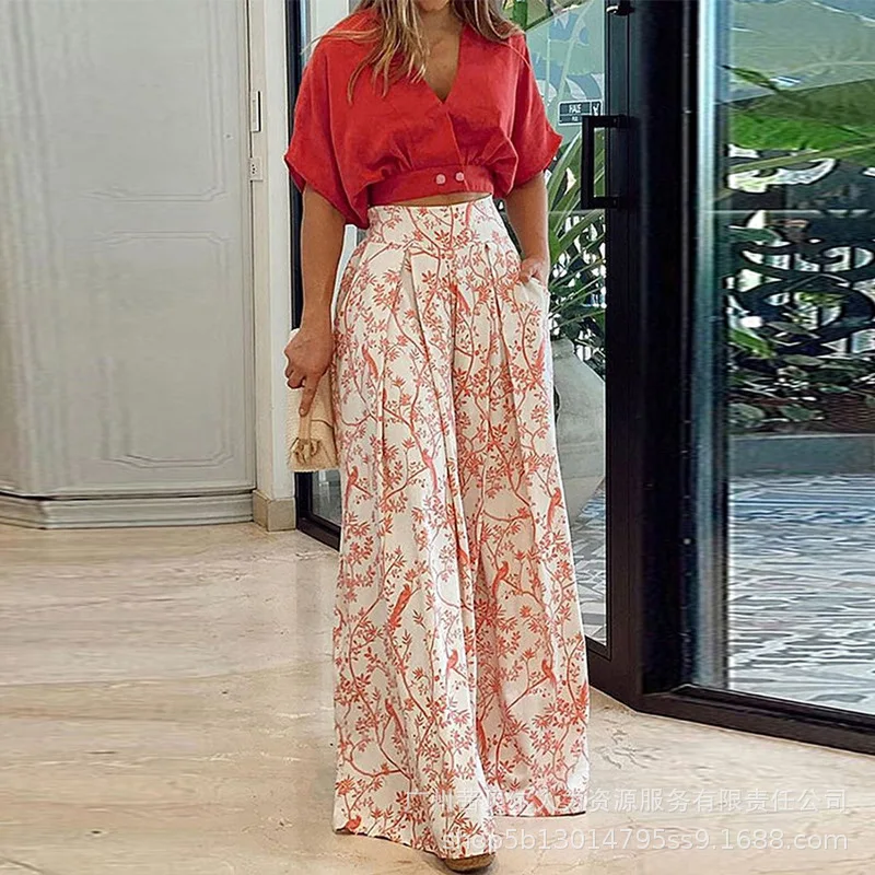 

Women Elegant Fashion Two Piece Set Vacation Outfits Tracksuit Casual Short Sleeve V Neck Crop Top High Waist Wide Leg Pants