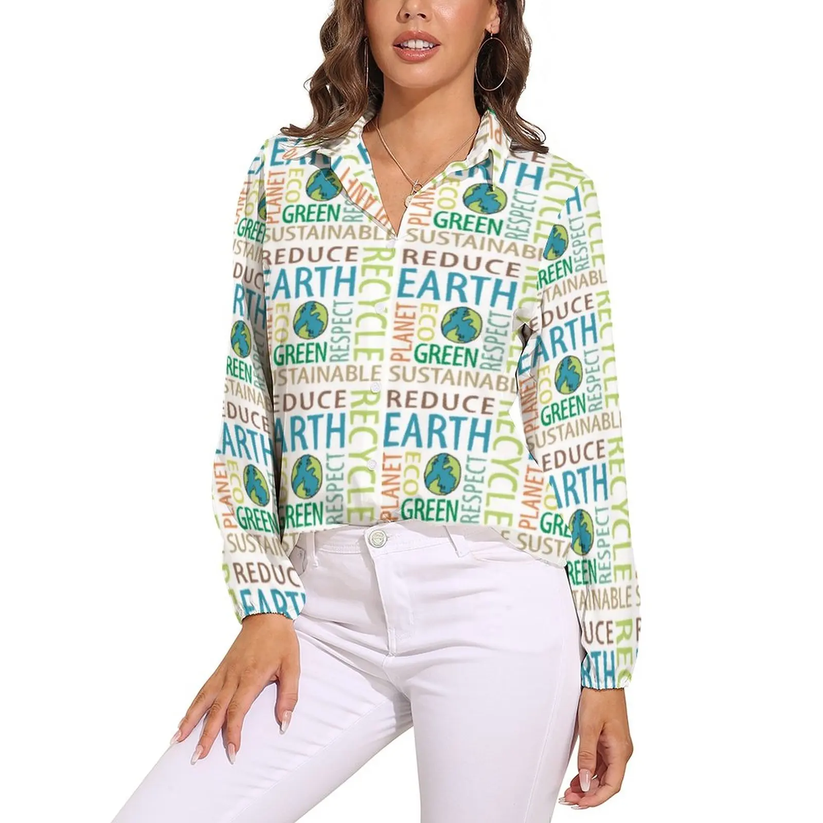 

Word Art Print Blouse Womens Earth Day Casual Loose Blouses Long Sleeve Cute Shirt Pattern Top Big Size 2XL 3XL