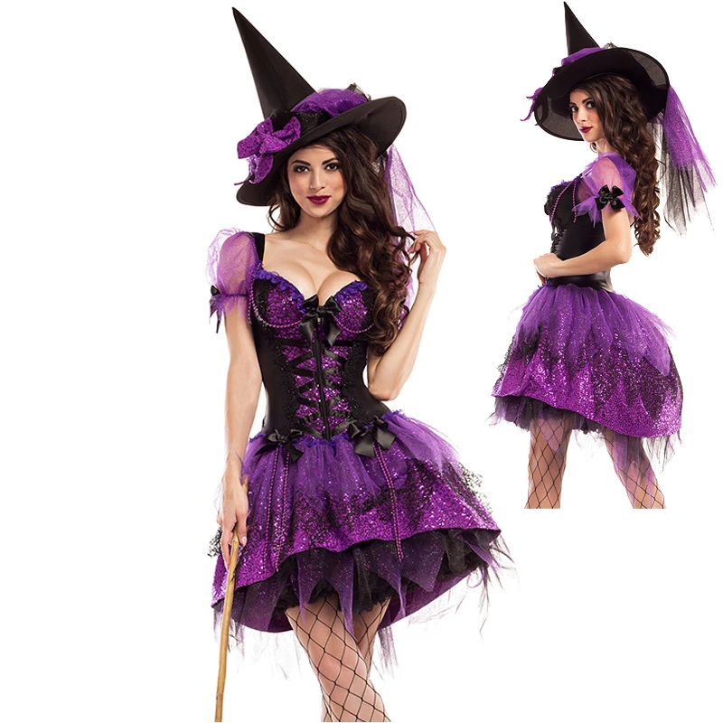 

Multiple Carnival Halloween Lady Purple Elegant Witch Costume Cute Tuxedo Magic Sorceress Playsuit Cosplay Fancy Party Dress