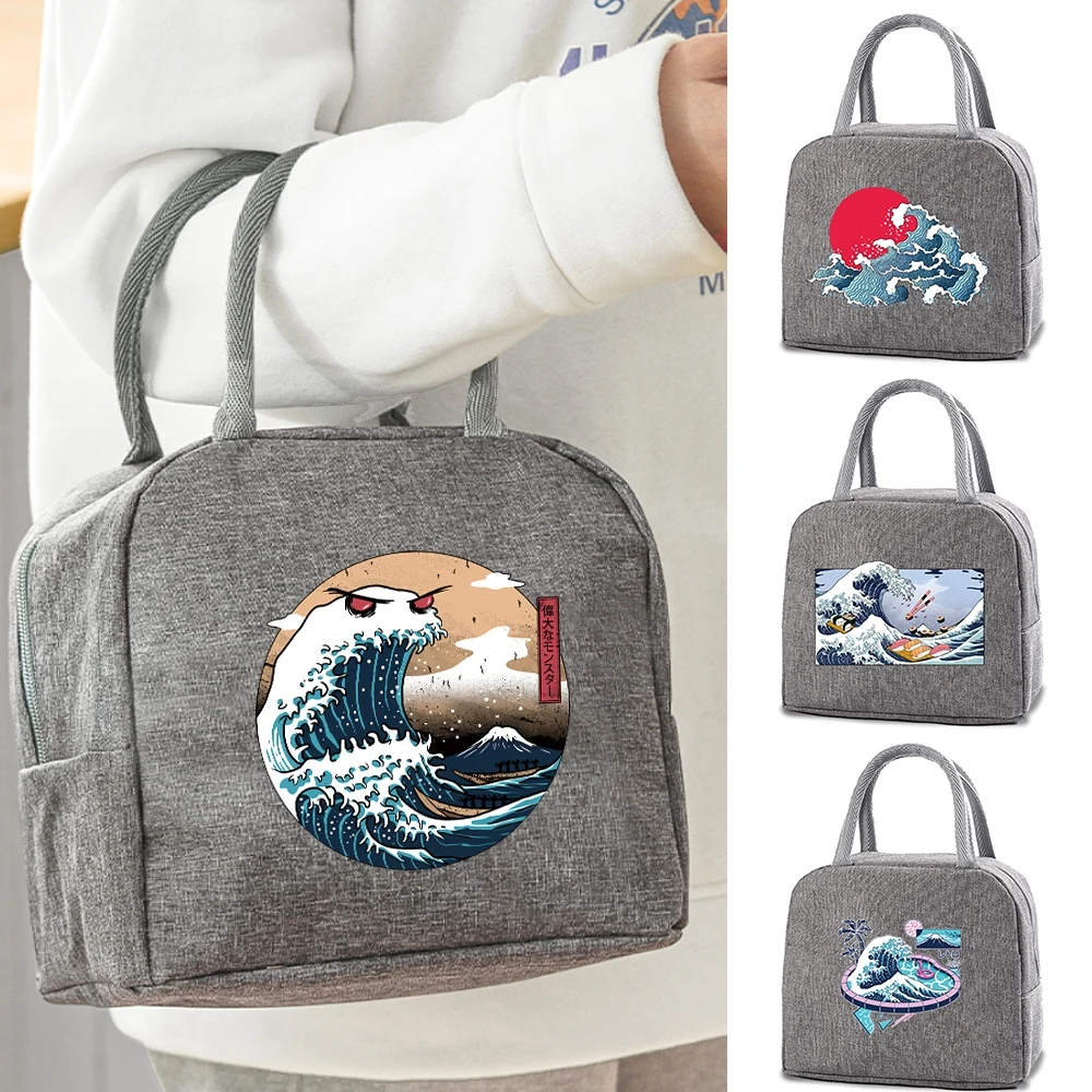 

Women Lunch Bag Thermal Insulated Food Picnic Lunch Bags for Ladies Children Portable Cooler Wave Print Lunch Box Tote Handbag