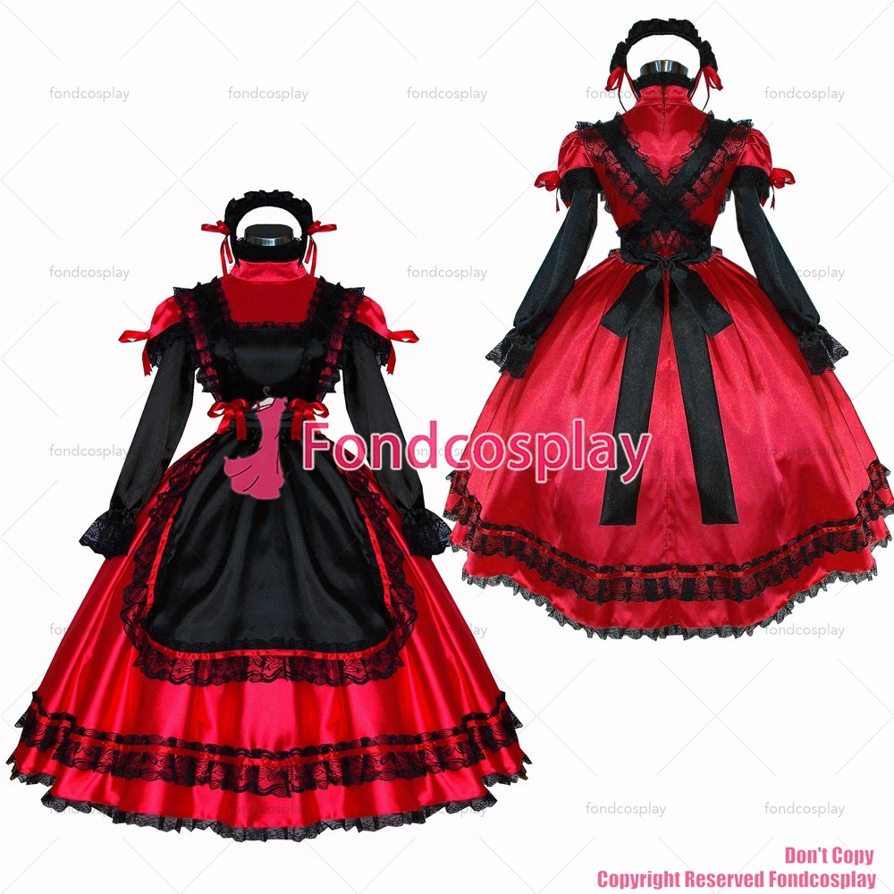 

fondcosplay adult sexy cross dressing sissy maid short Sexy Dress Red Satin Lockable Uniform Cosplay Costume Custom-made[G529]