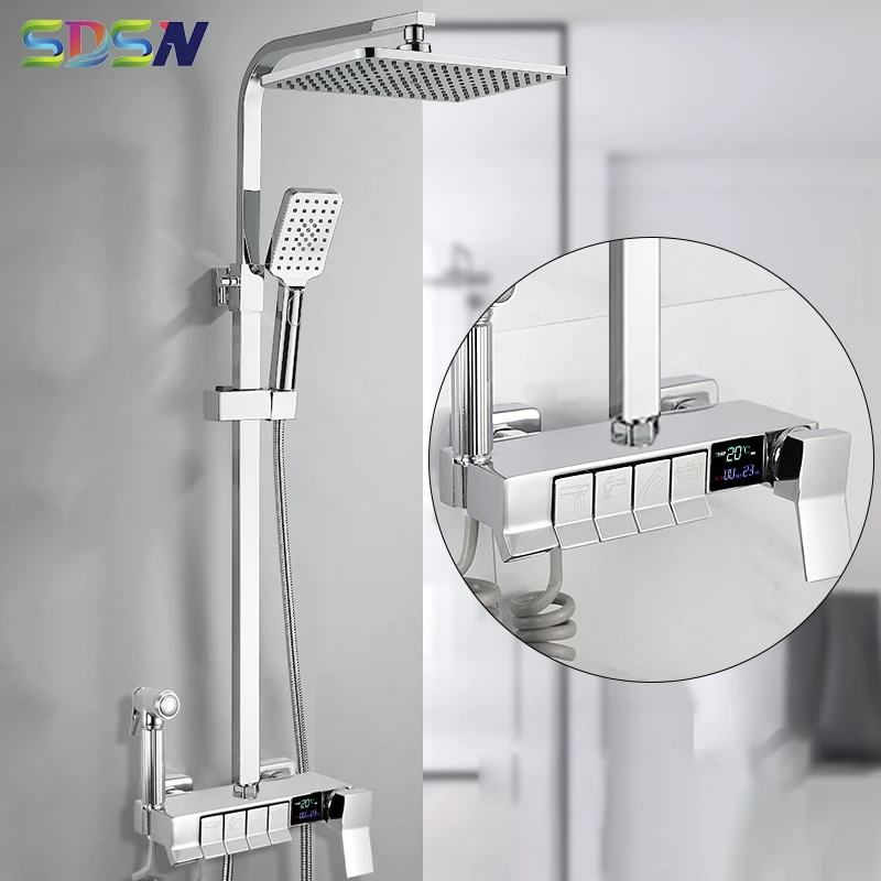 

Piano Waterfall Bathroom Faucets Quality Brass Thermostatic Piano Shower System Luxury Rainfall Hot Cold Digital Shower Set