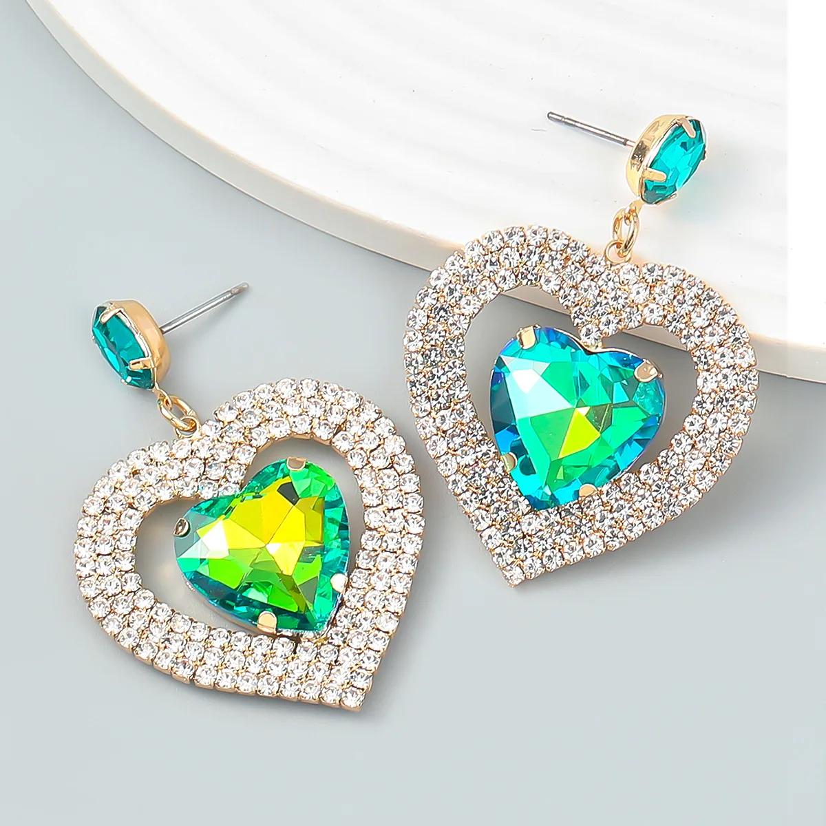 New Trend Double Layer Heart-shaped Rhinestone Earrings Women's Popular Exaggerated Dangle Banquet Jewelry Accessories |