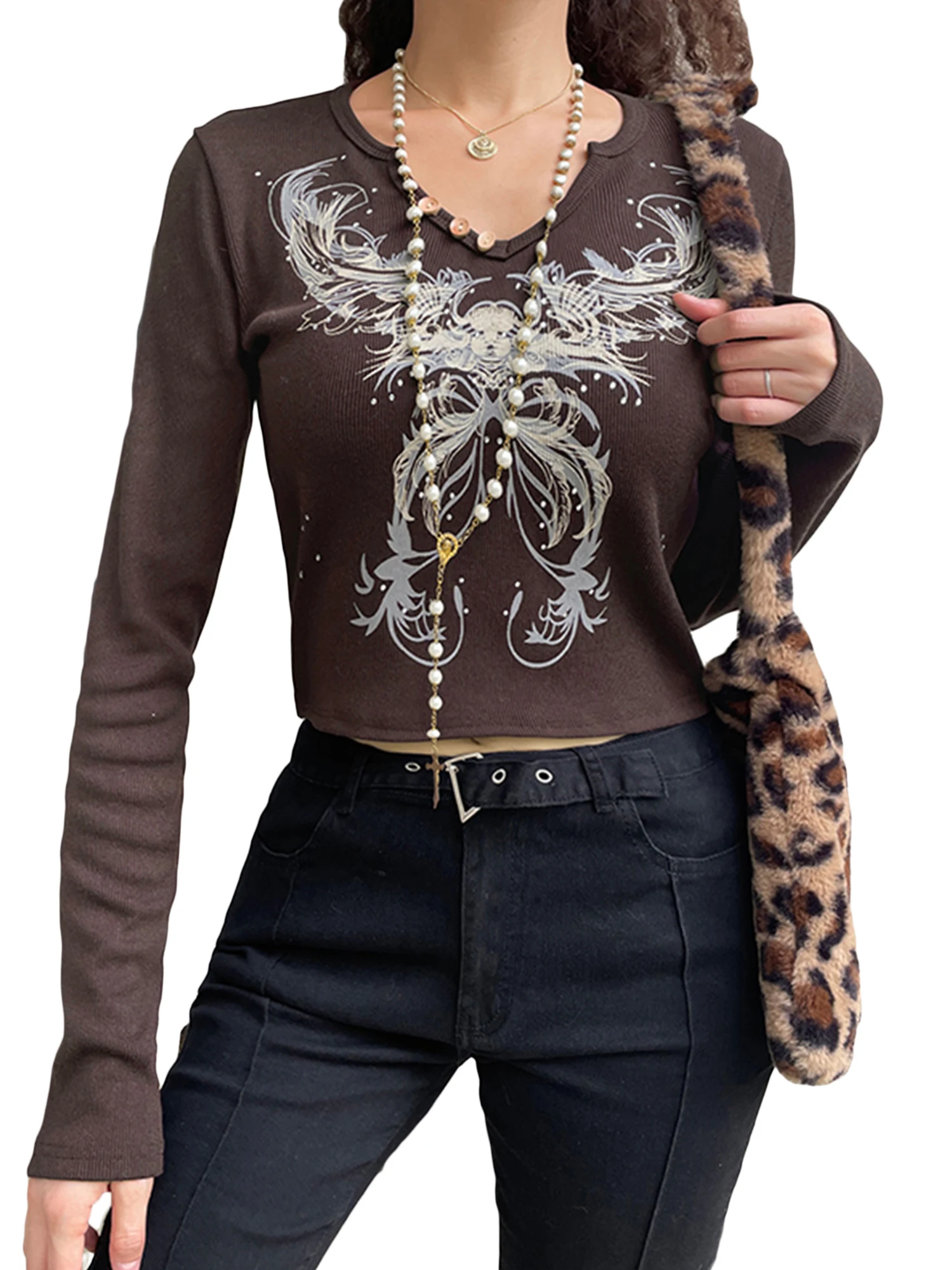 

Женский укороченный топ Y2k, кружевные лоскутные Топы с длинным рукавом, винтажные футболки, облегающий кроп-топ, блузки, уличная одежда для E-Girl