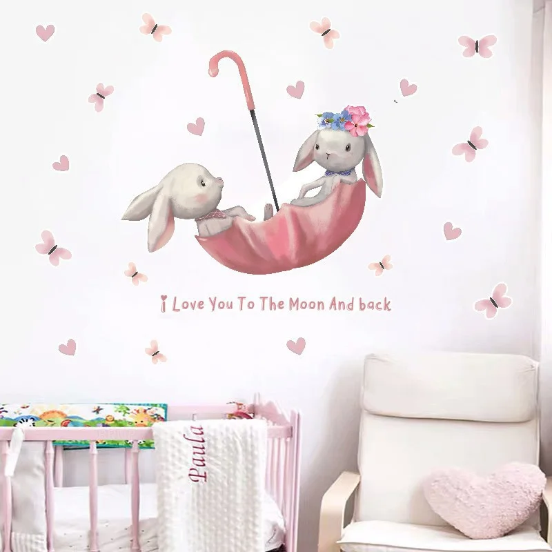 

Watercolor Cartoon Bunny Wall Stickers Baby Nursery Wall Decals for Kids Room Living Room Bedroom Home Decor Rabbit Stickers PVC